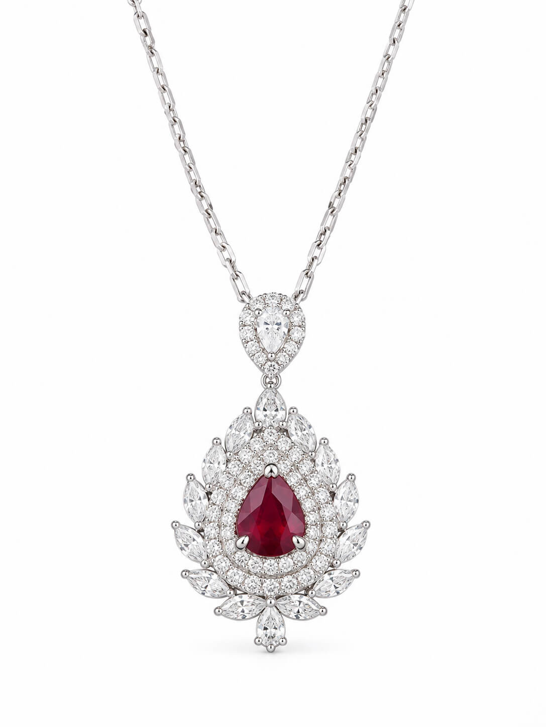 Halo setting pear cut lab grown ruby pendant necklace 01