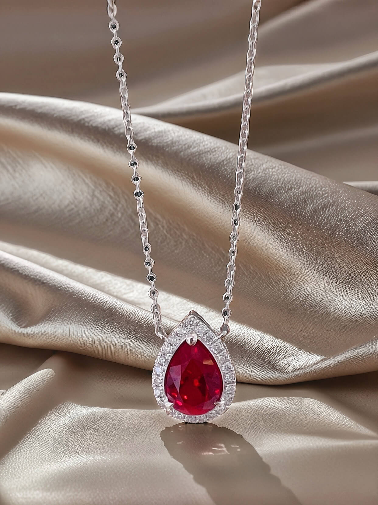 Halo setting pear cut lab grown ruby pendant necklace 02 Halo setting pear cut lab grown ruby pendant necklace 02