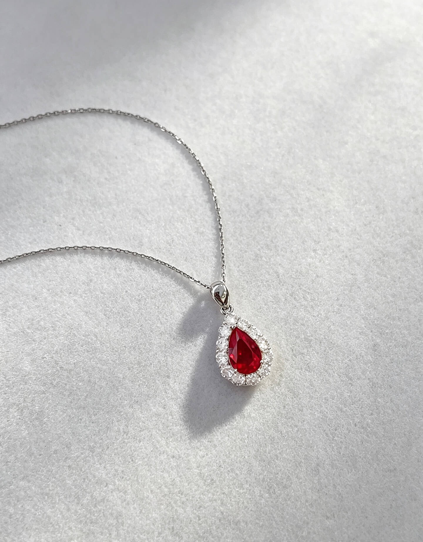 Halo setting pear cut lab grown ruby pendant necklace 03 Halo setting pear cut lab grown ruby pendant necklace 03
