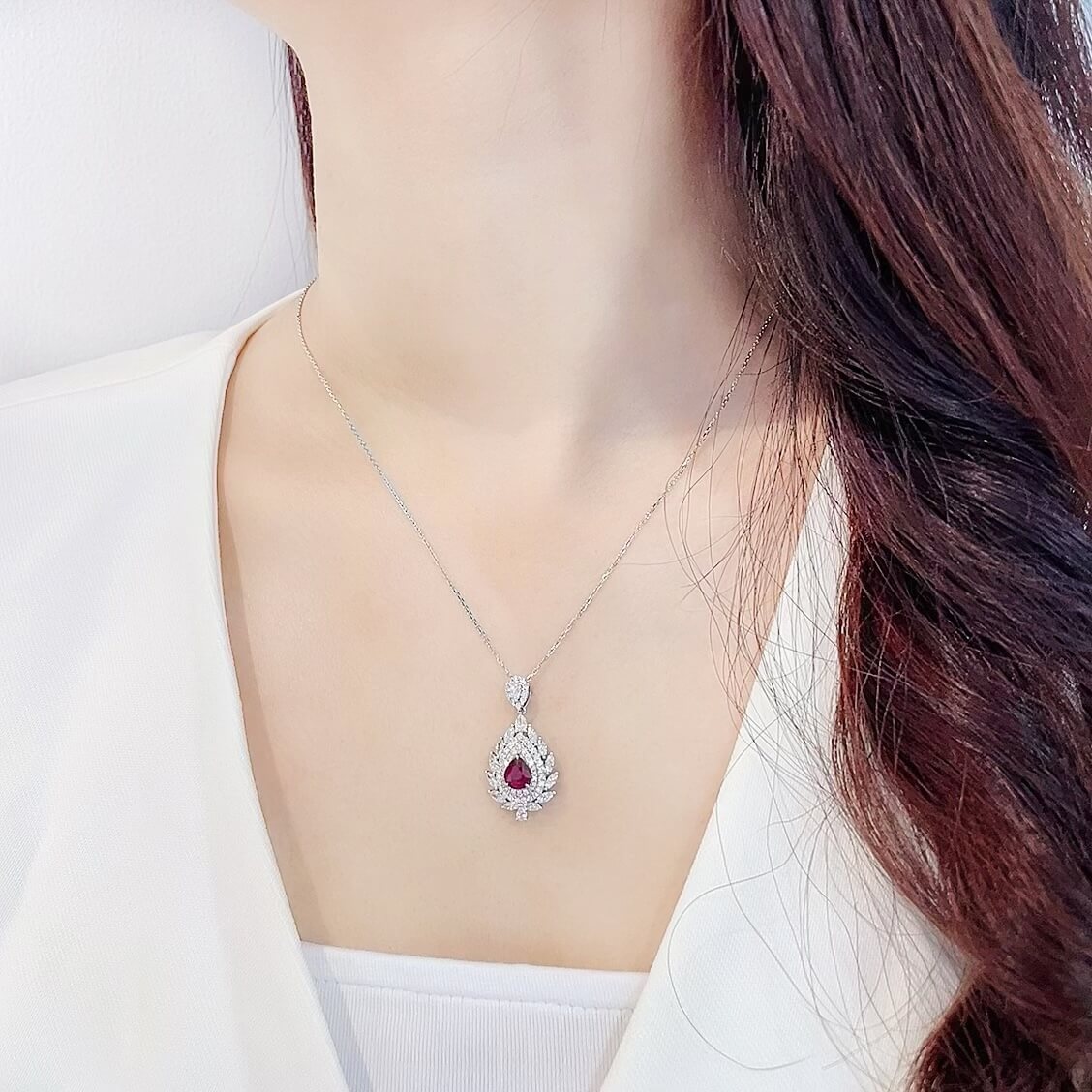 Halo setting pear cut lab grown ruby pendant necklace 01