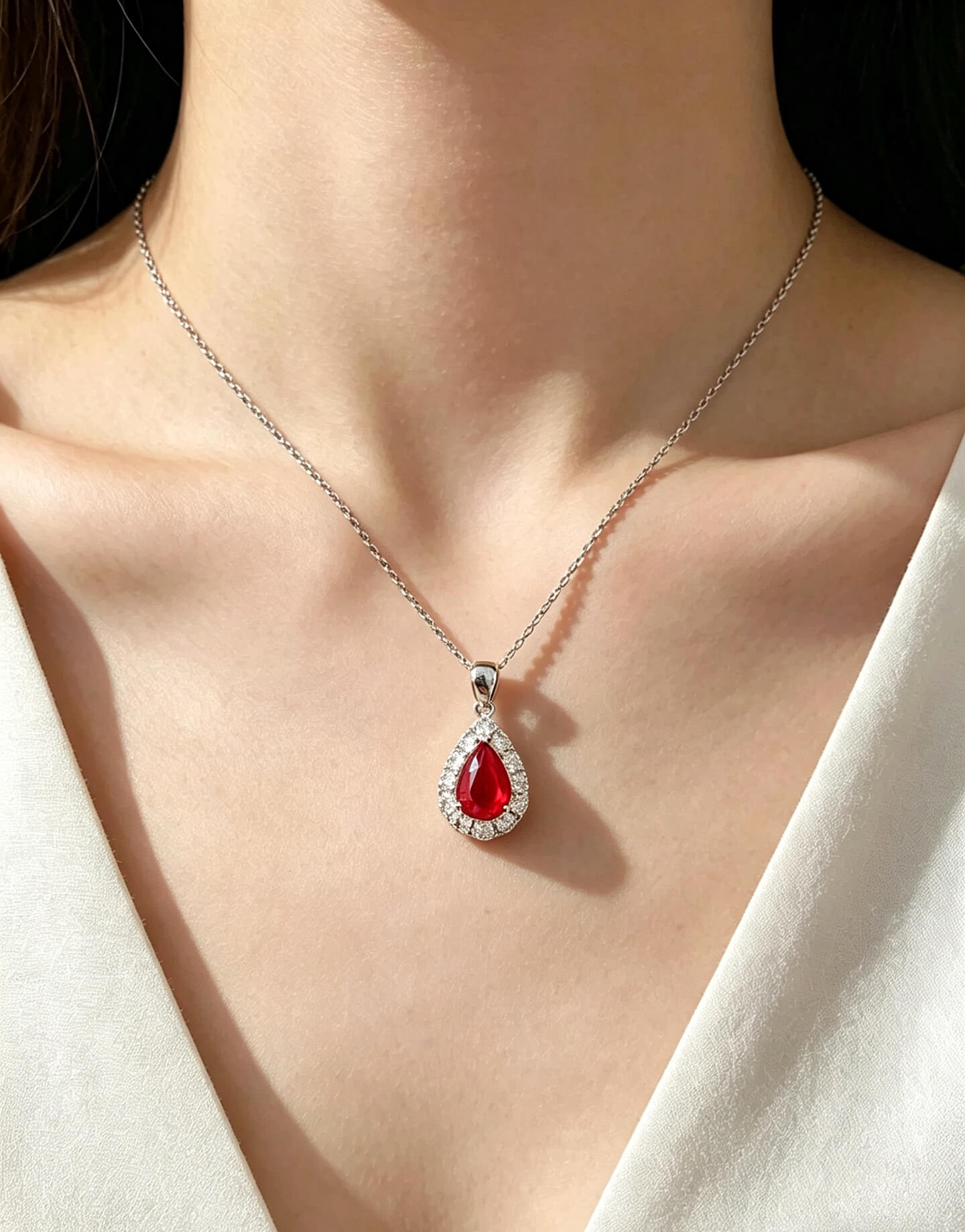 Halo setting pear cut lab grown ruby pendant necklace 03 Halo setting pear cut lab grown ruby pendant necklace 03