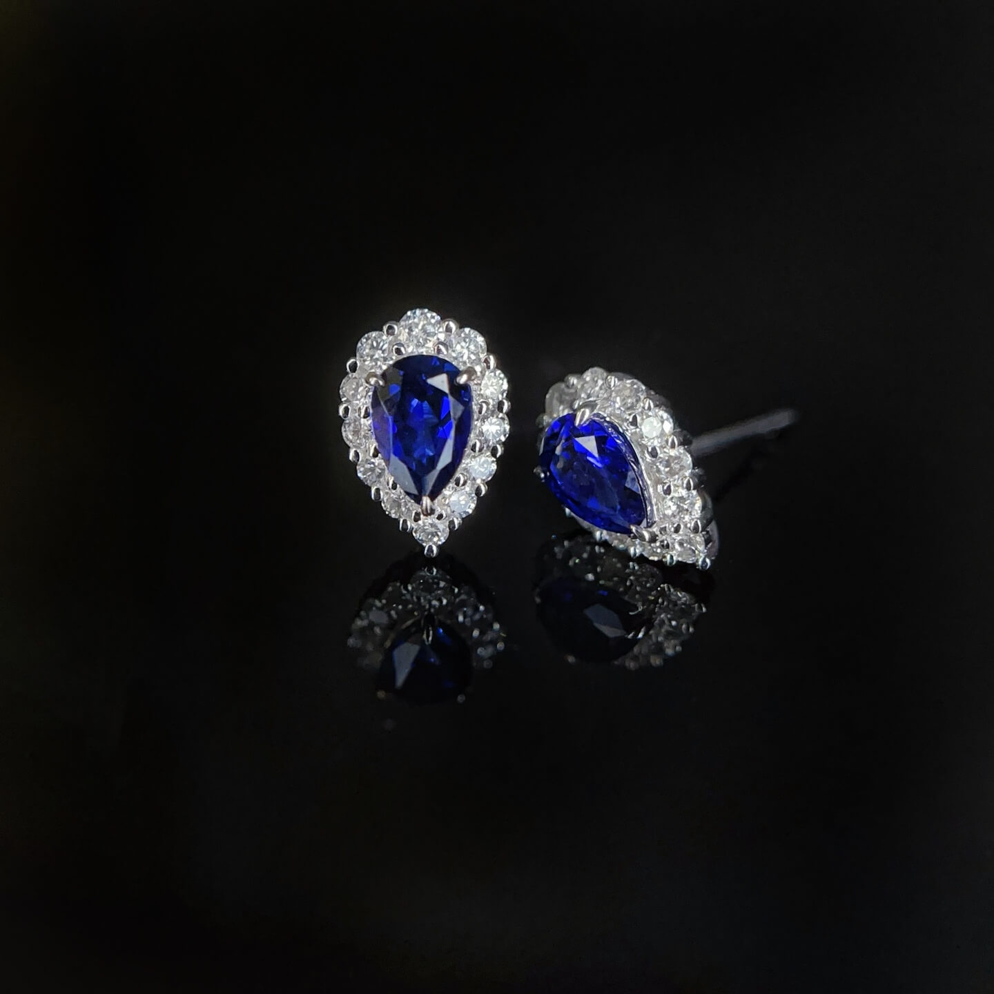 Halo setting pear cut lab grown sapphire earrings stud Halo setting pear cut lab grown sapphire earrings stud