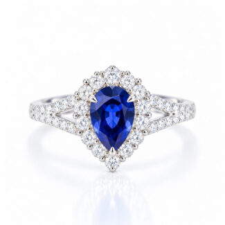 Halo setting pear cut lab grown sapphire engagement ring 02