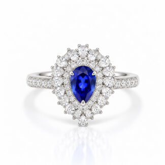 Halo setting pear cut lab grown sapphire engagement ring 01