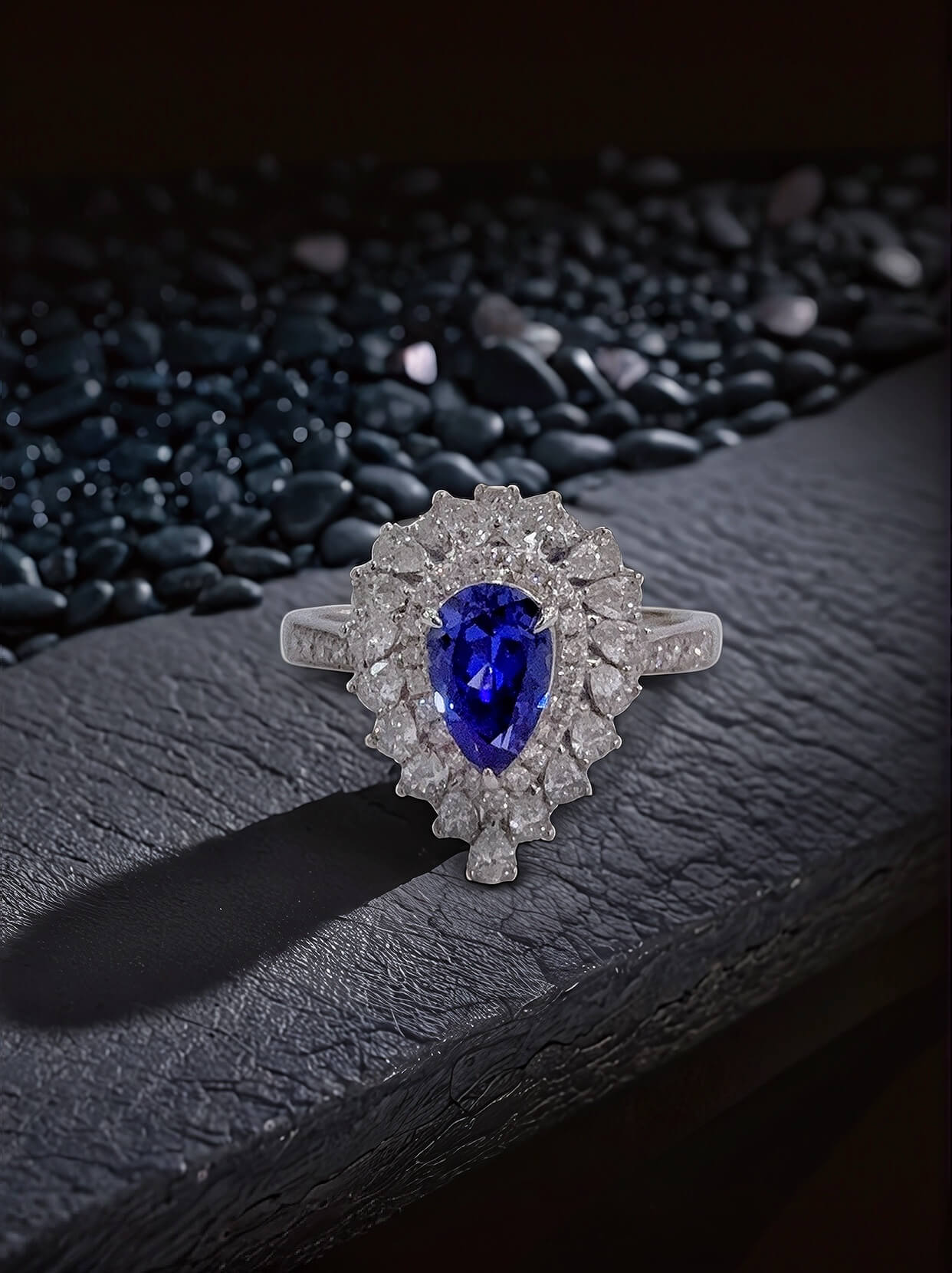 Halo setting pear cut lab grown sapphire engagement ring 01 Halo setting pear cut lab grown sapphire engagement ring 01