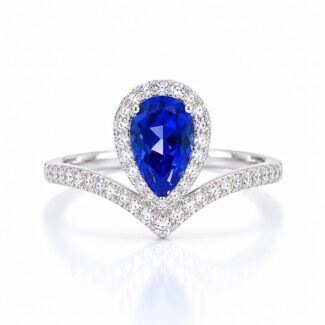 Halo setting pear cut lab grown sapphire engagement ring 04