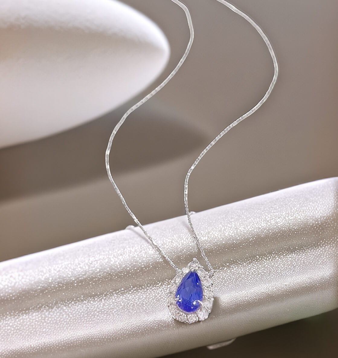 Halo setting pear cut lab grown sapphire pendant necklace 02 Halo setting pear cut lab grown sapphire pendant necklace 02