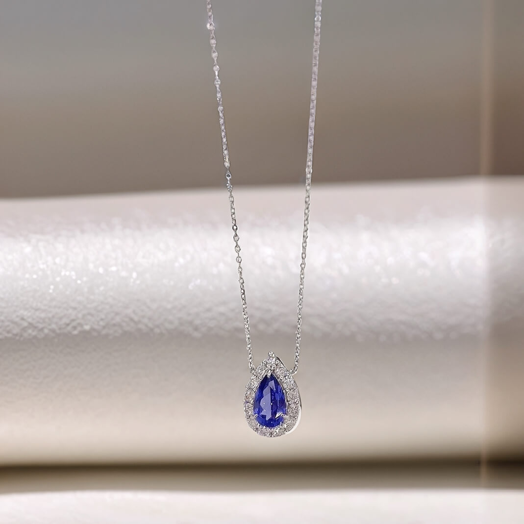 Halo setting pear cut lab grown sapphire pendant necklace 02 Halo setting pear cut lab grown sapphire pendant necklace 02