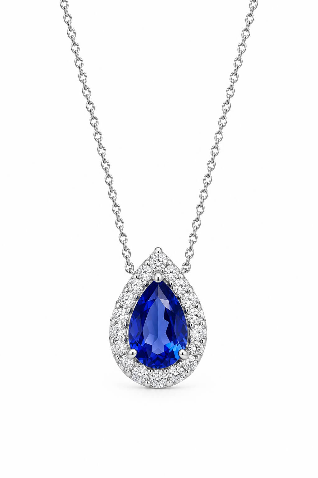 Halo setting pear cut lab grown sapphire pendant necklace 02 Halo setting pear cut lab grown sapphire pendant necklace 02