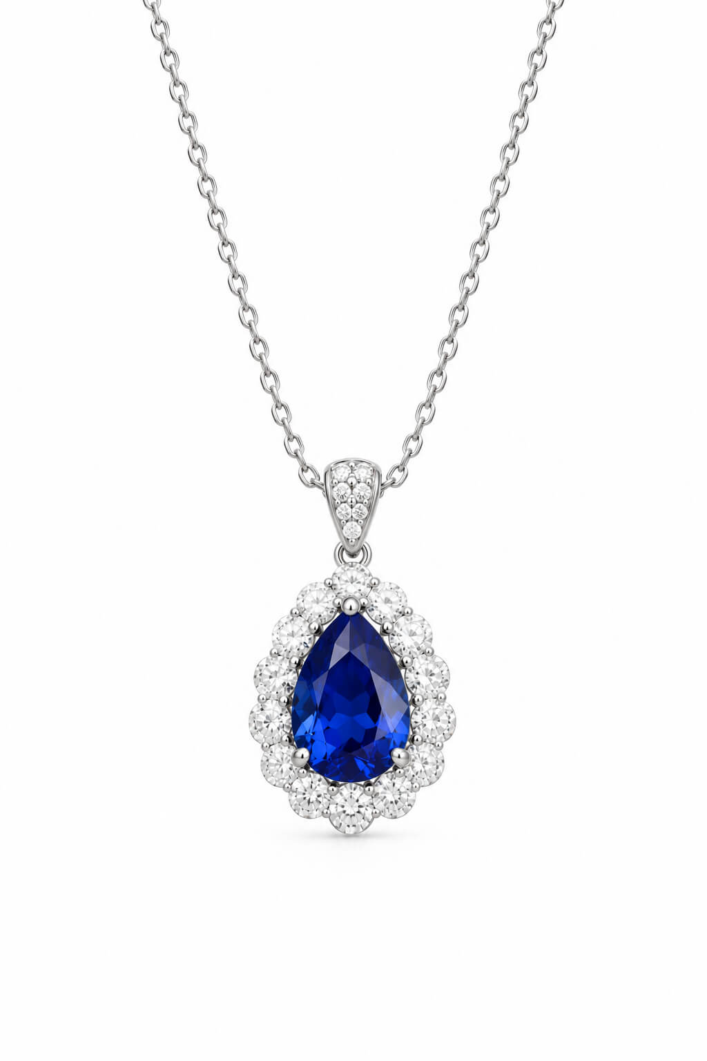 Halo setting pear cut lab grown sapphire pendant necklace 01 Halo setting pear cut lab grown sapphire pendant necklace 01