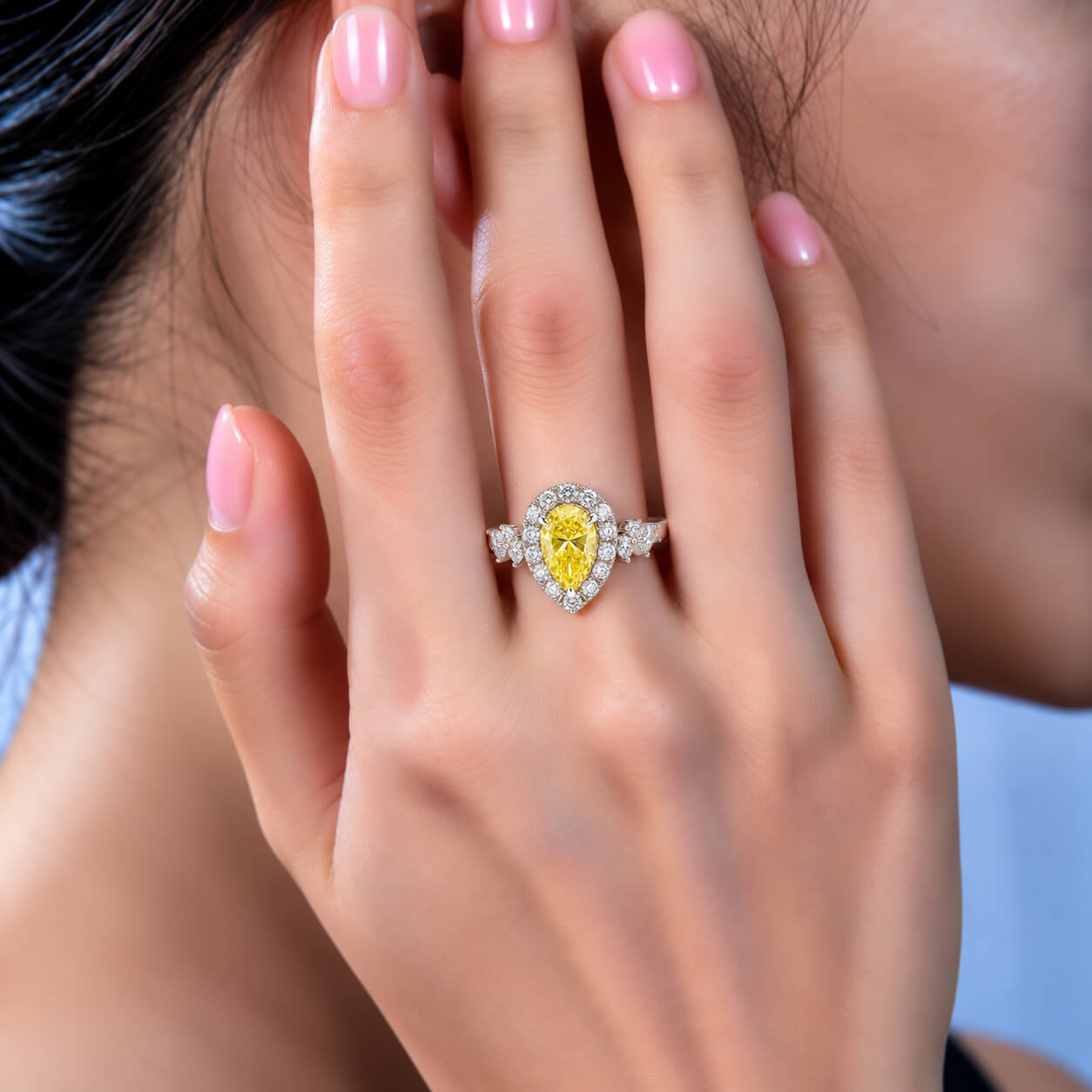 Halo setting pear cut lab grown yellow diamond engagement ring Halo setting pear cut lab grown yellow diamond engagement ring