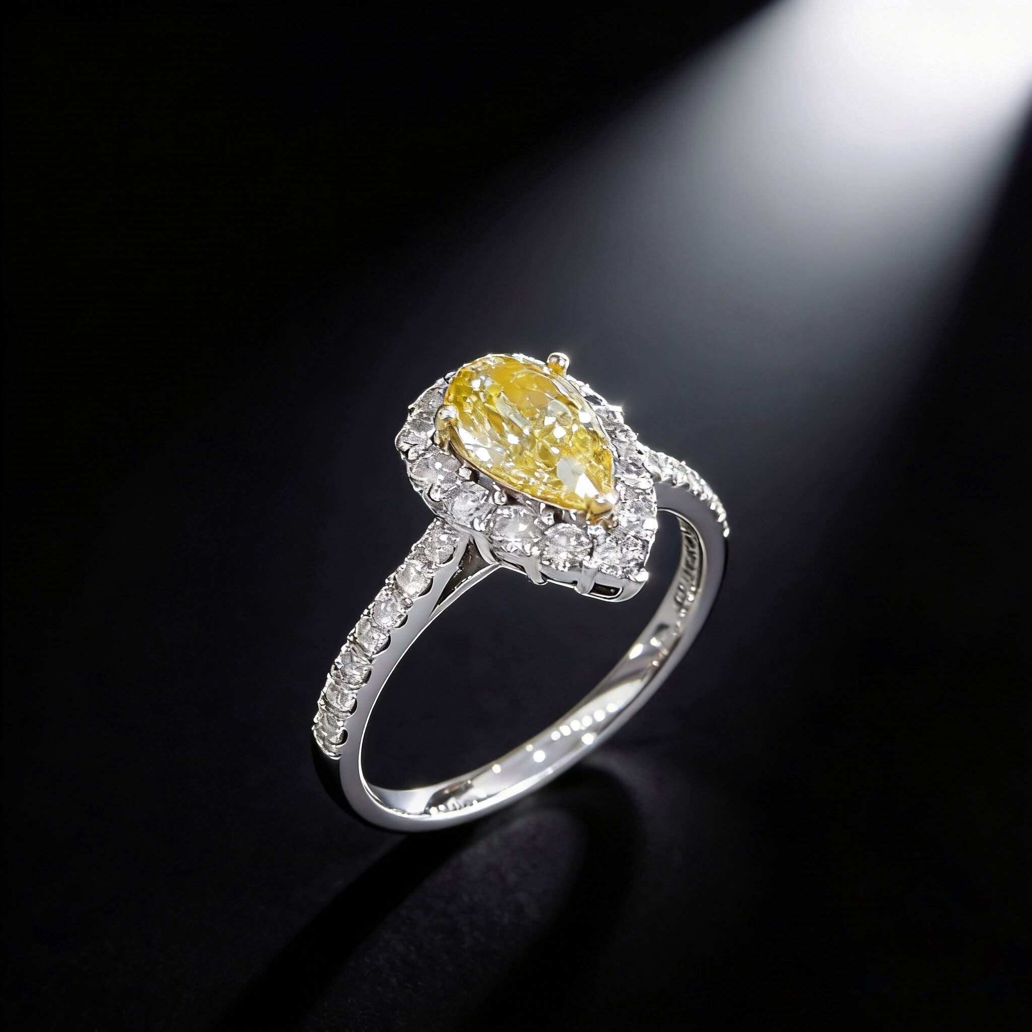 Halo setting pear cut lab grown yellow diamond engagement ring