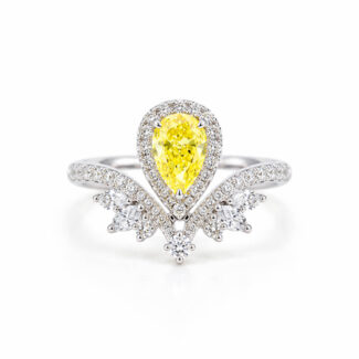Halo setting pear cut lab grown yellow diamond engagement ring