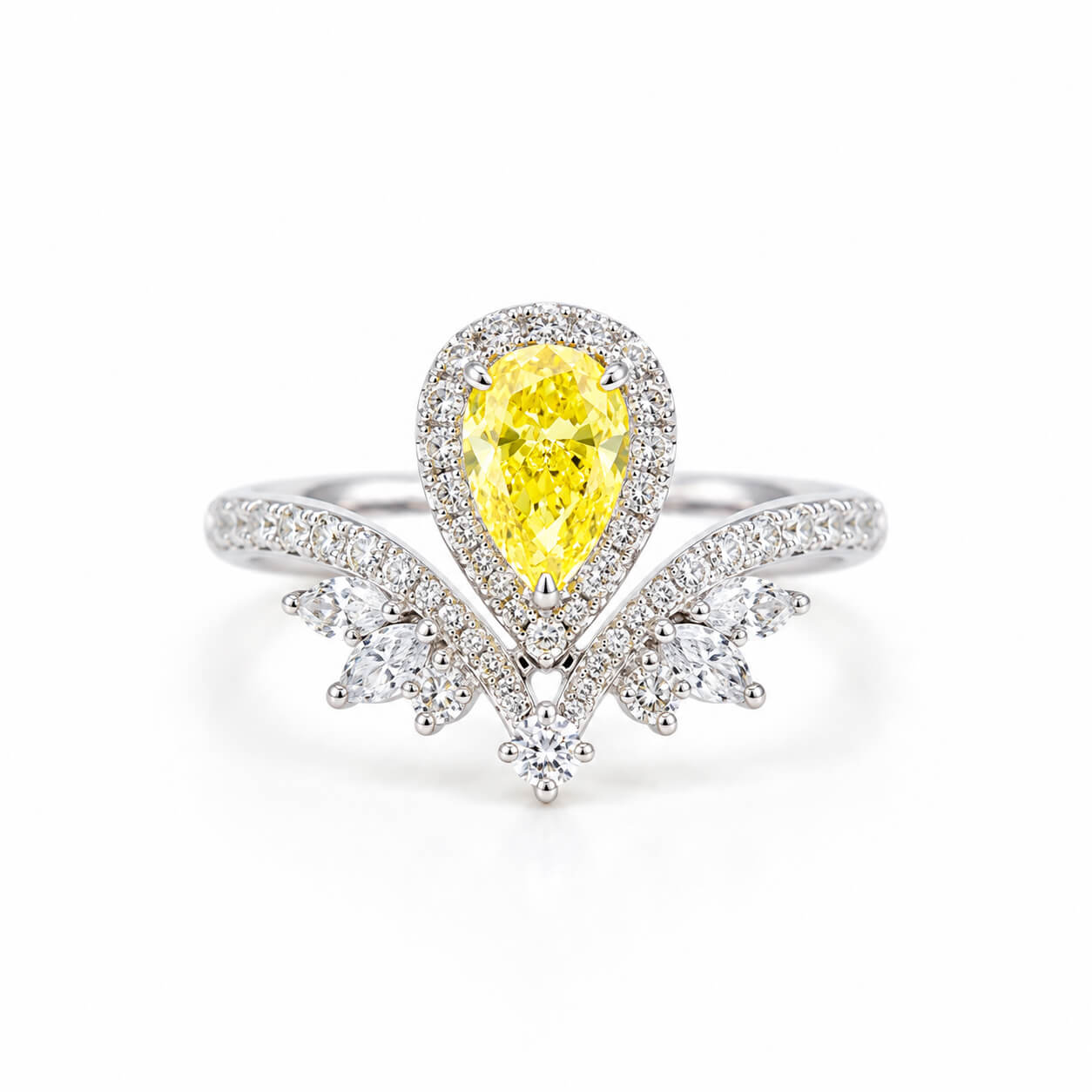 Halo setting pear cut lab grown yellow diamond engagement ring
