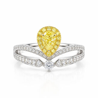 Halo setting pear cut lab grown yellow diamond engagement ring