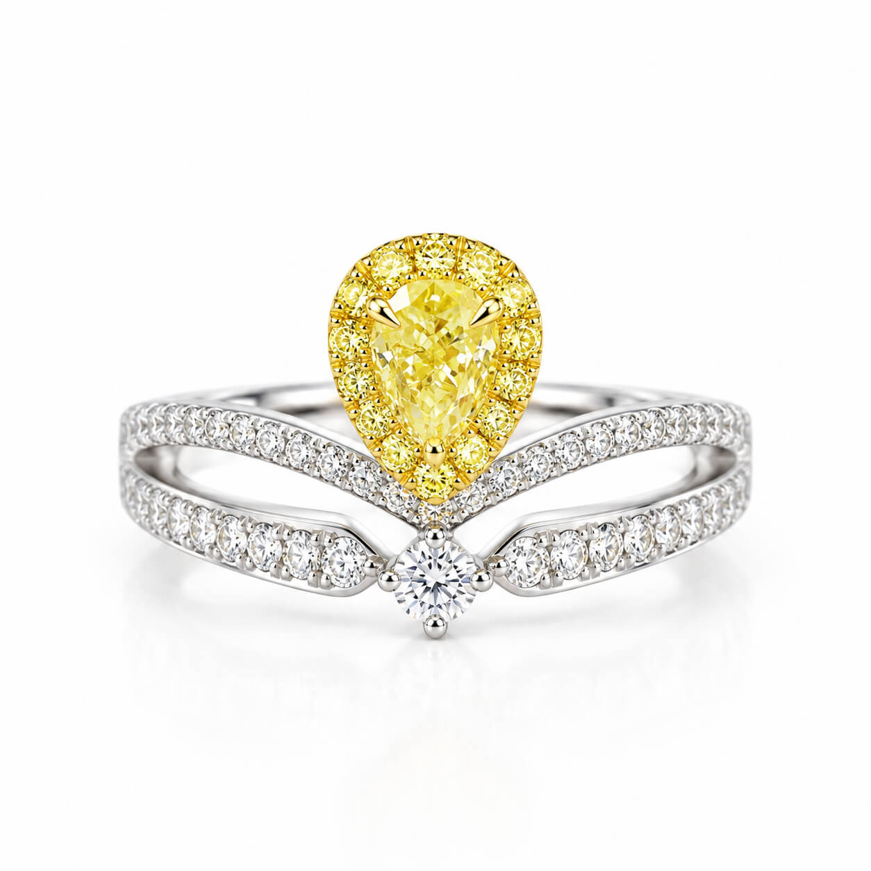 Halo setting pear cut lab grown yellow diamond engagement ring