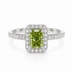 Halo setting radiant cut lab grown green diamond engagement ring