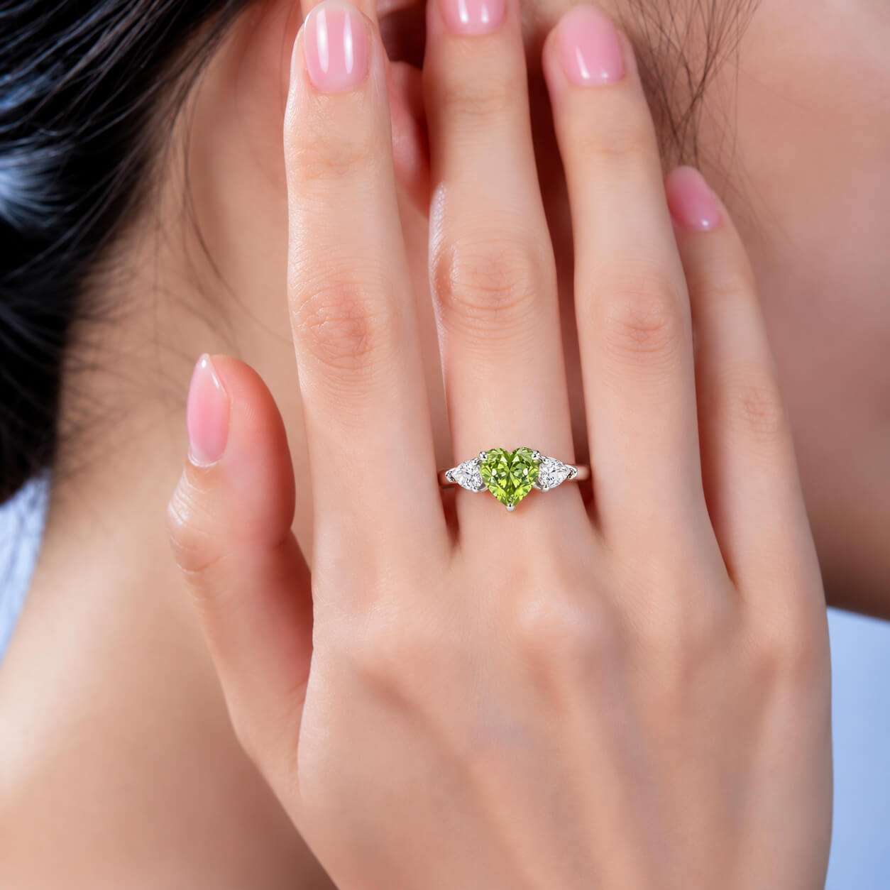 Heart cut lab grown green diamond three stones engagement ring Heart cut lab grown green diamond three stones engagement ring