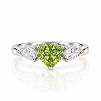 Heart cut lab grown green diamond three stones engagement ring