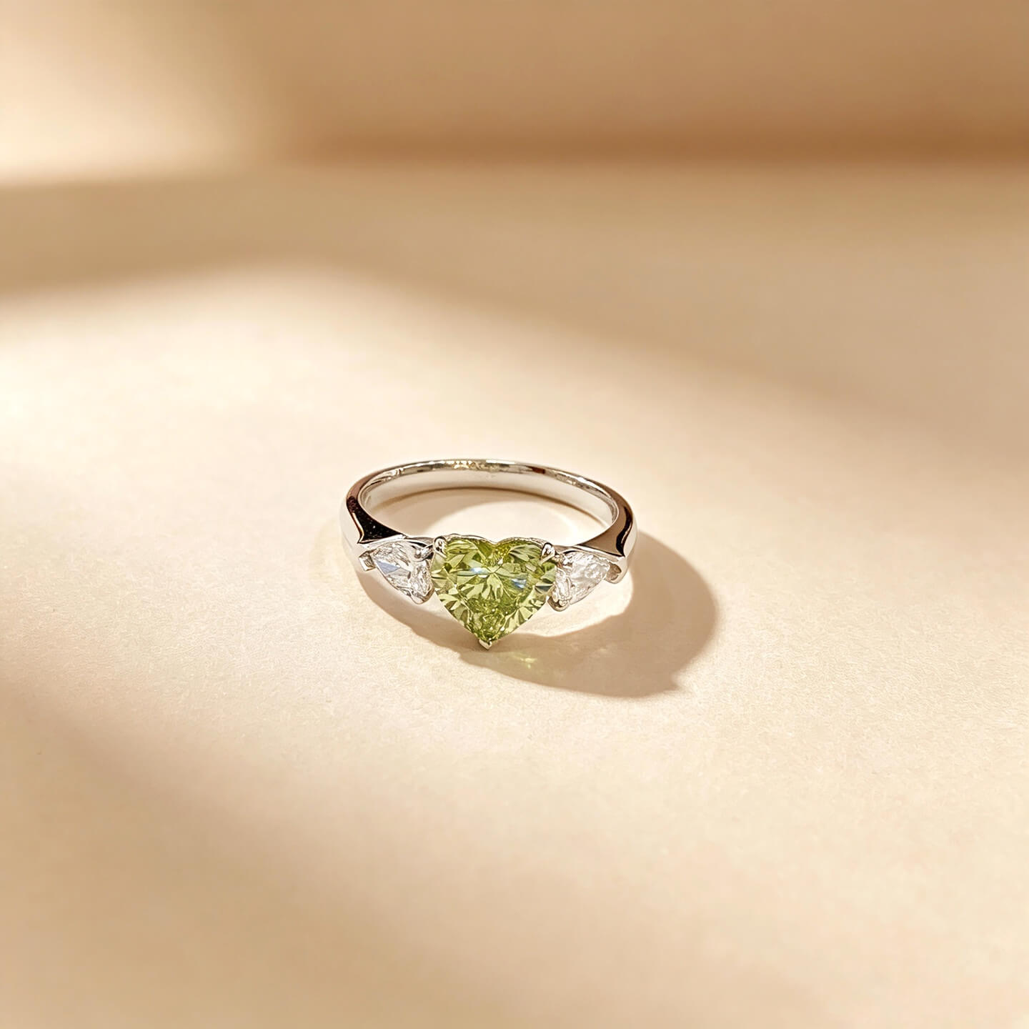 Heart cut lab grown green diamond three stones engagement ring Heart cut lab grown green diamond three stones engagement ring