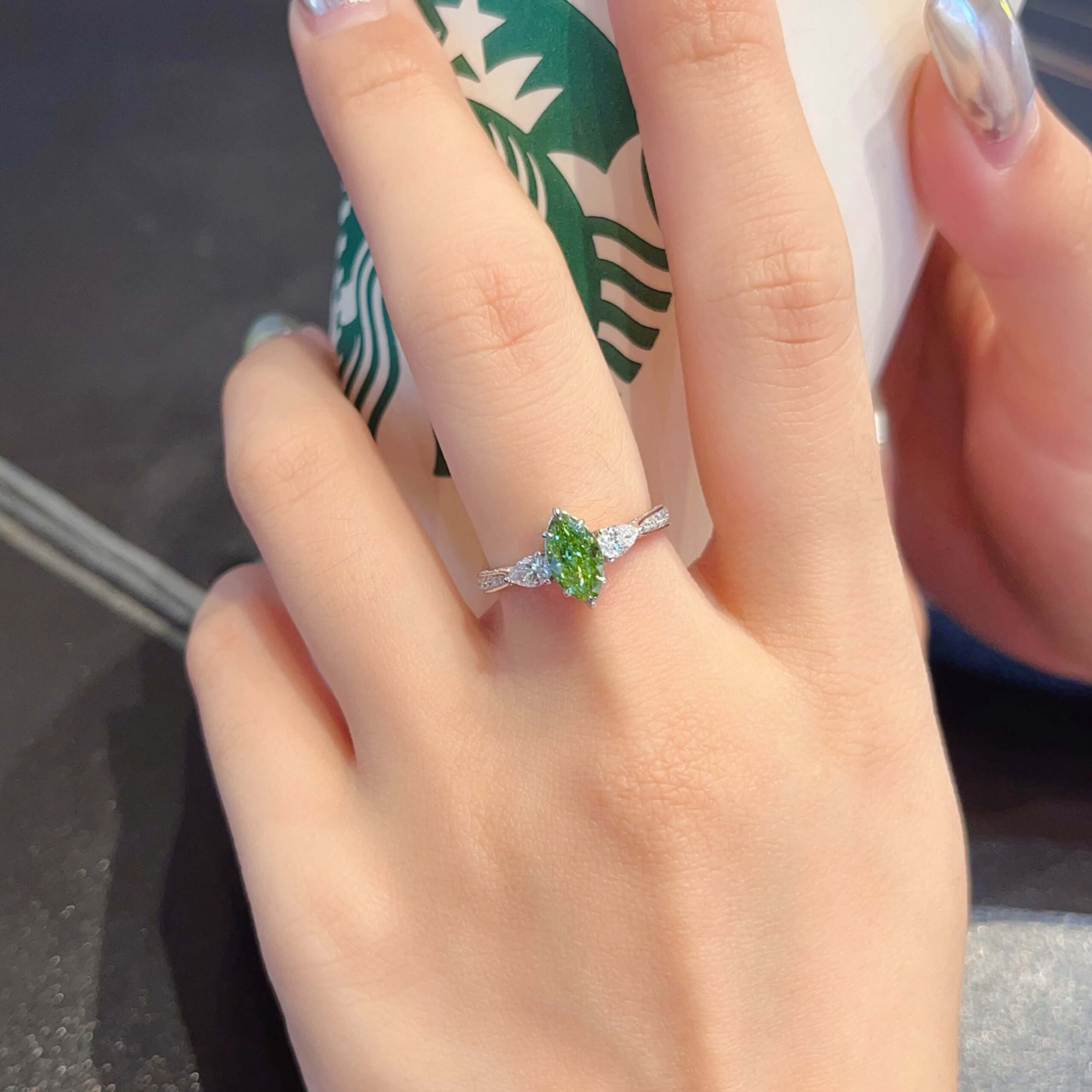 Marquise cut lab grown green diamond three stones engagement ring 5 Marquise cut lab grown green diamond three stones engagement ring