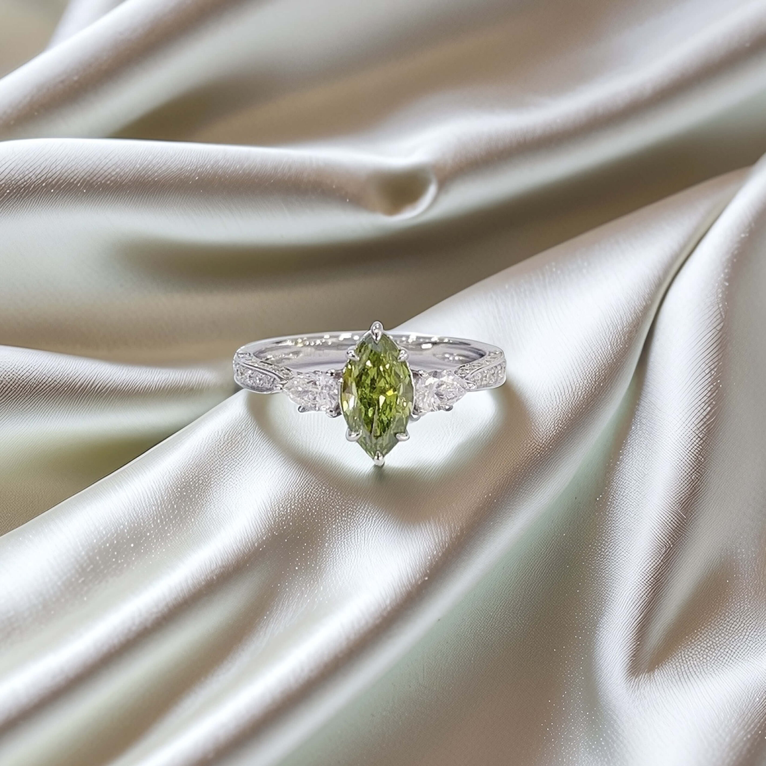 Marquise cut lab grown green diamond three stones engagement ring Marquise cut lab grown green diamond three stones engagement ring