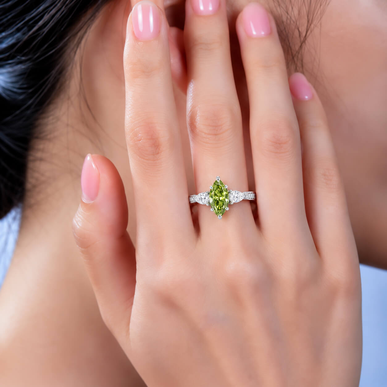 Marquise cut lab grown green diamond three stones engagement ring (6) Marquise cut lab grown green diamond three stones engagement ring 6