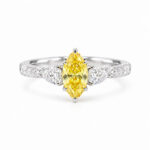 Marquise cut lab grown yellow diamond three stones engagement ring