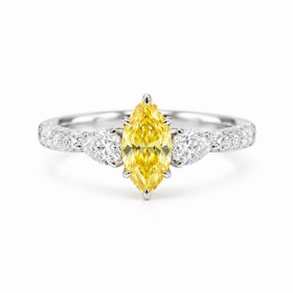 Marquise cut lab grown yellow diamond three stones engagement ring