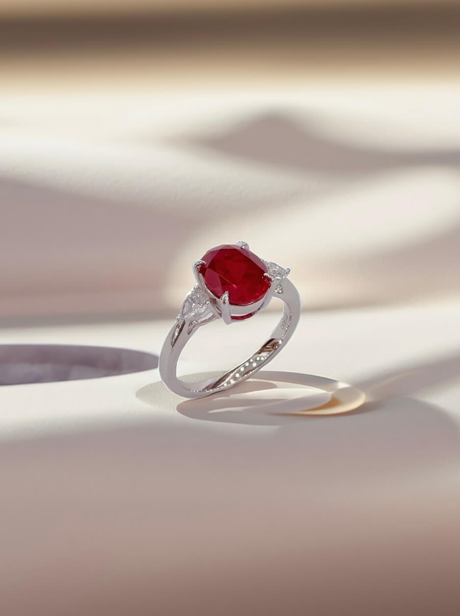 Oval cut lab grown ruby three stones engagement ring Oval cut lab grown ruby three stones engagement ring