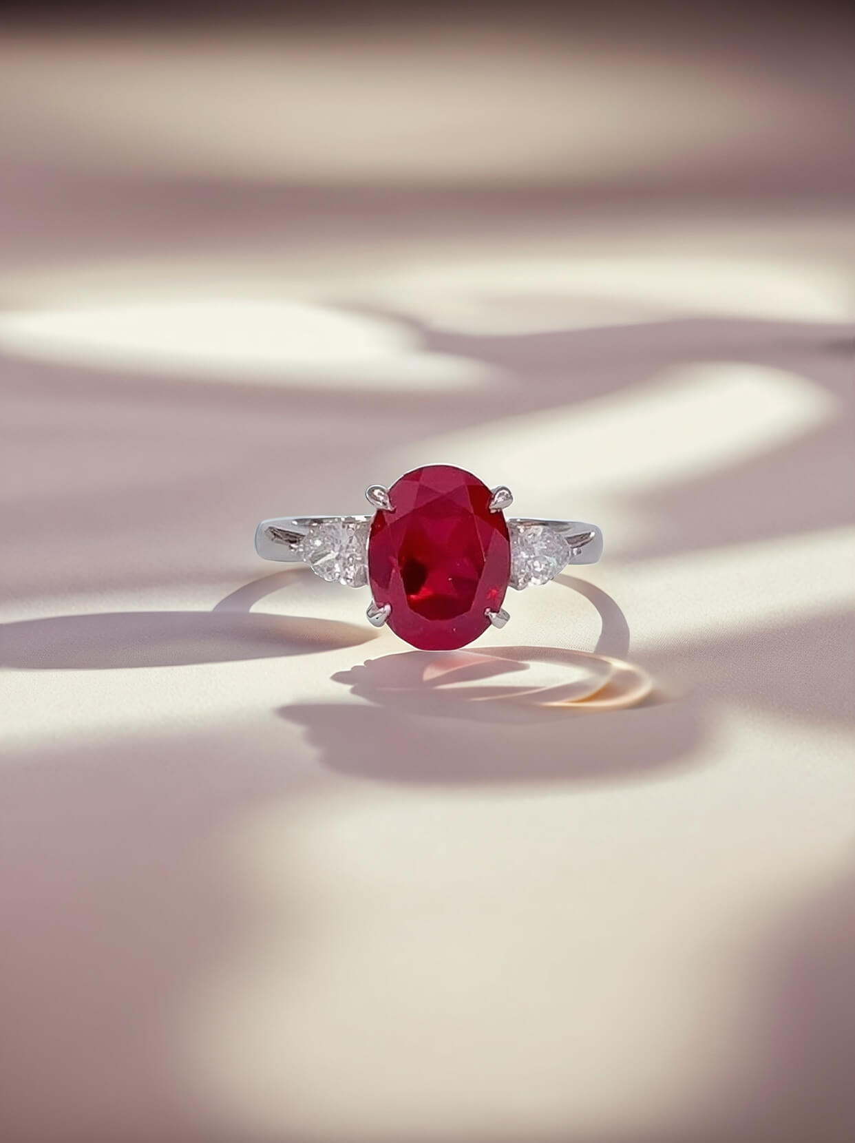 Oval cut lab grown ruby three stones engagement ring Oval cut lab grown ruby three stones engagement ring