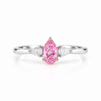 Pear cut lab grown pink diamond three stones engagement ring