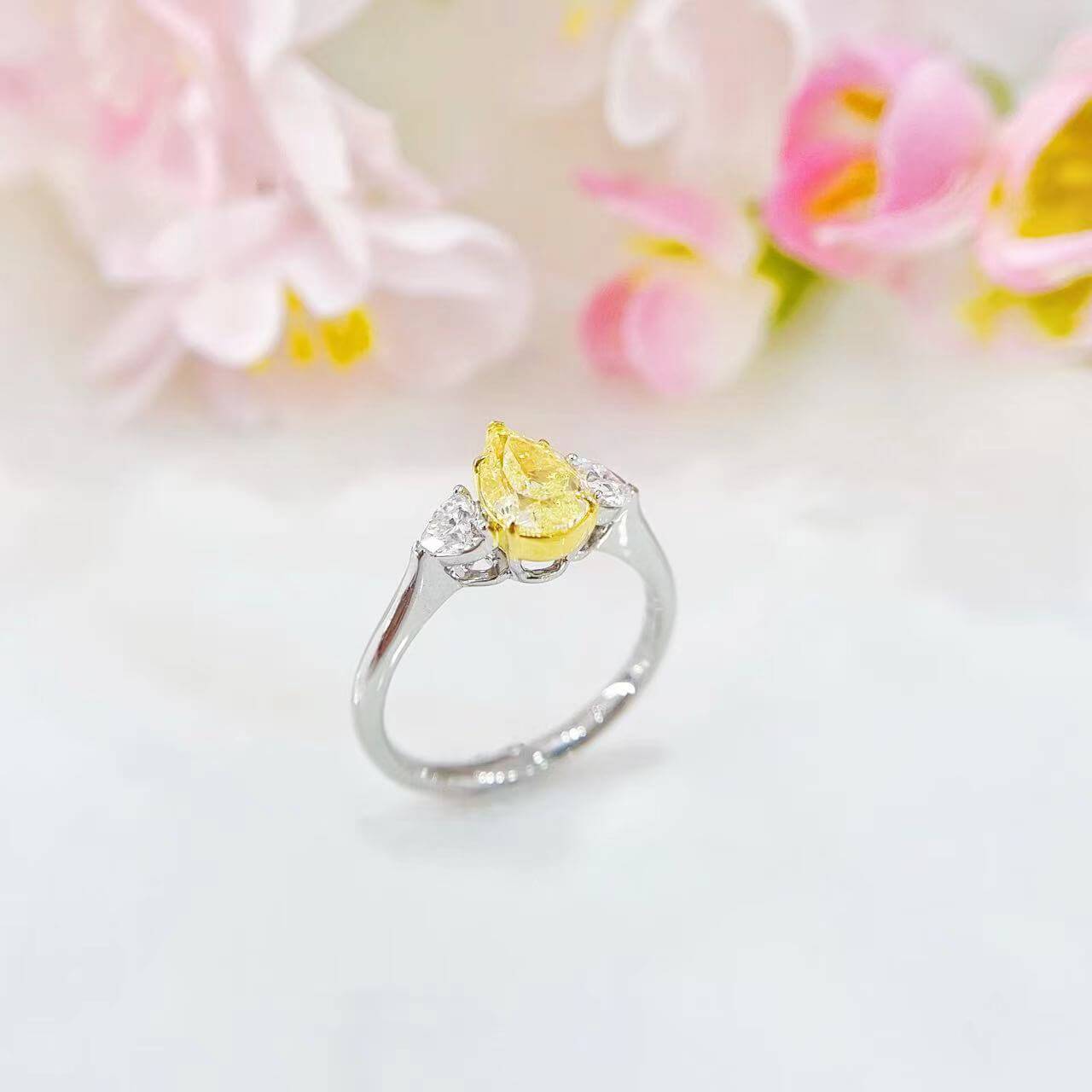 Pear cut lab grown yellow diamond three stones engagement ring Pear cut lab grown yellow diamond three stones engagement ring