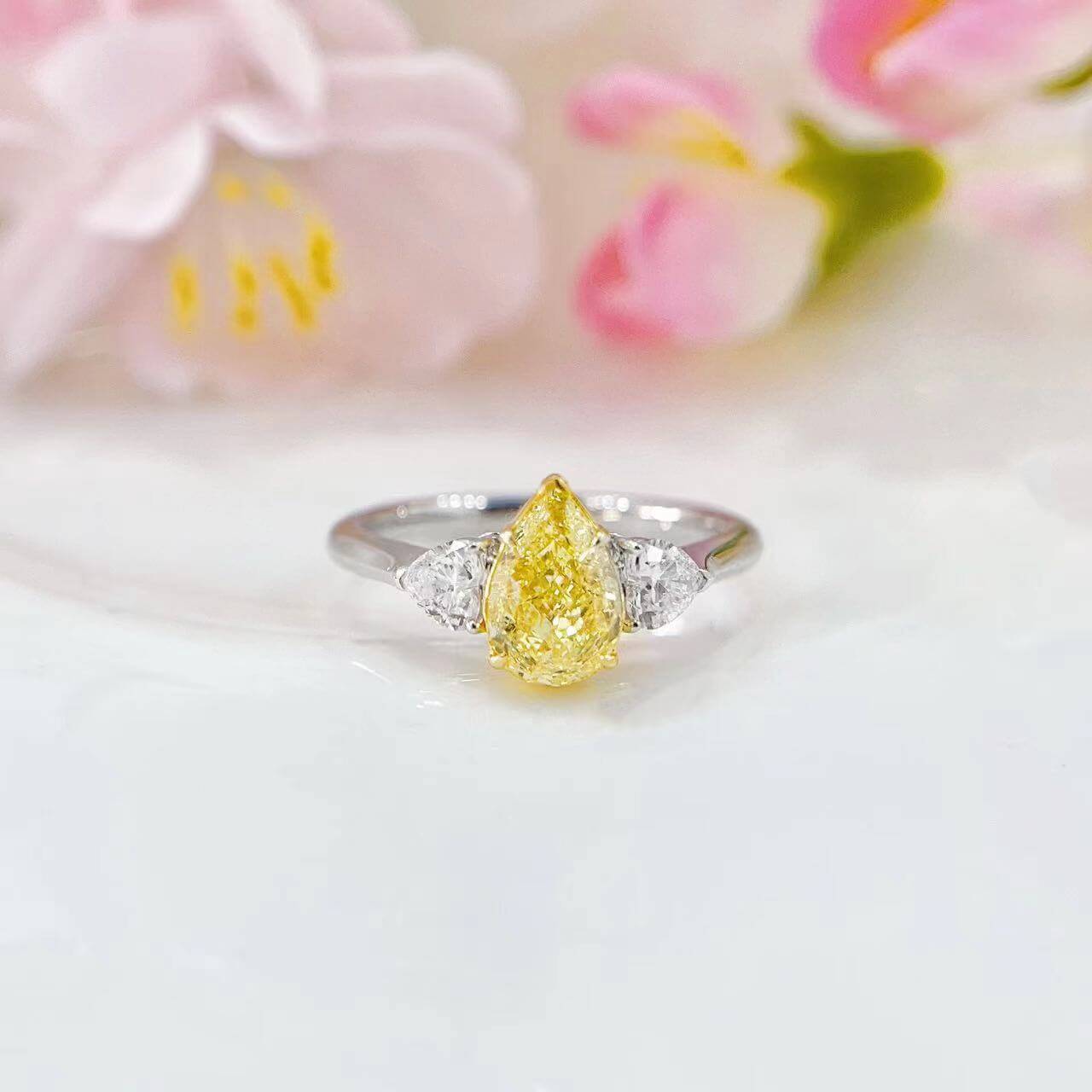 Pear cut lab grown yellow diamond three stones engagement ring Pear cut lab grown yellow diamond three stones engagement ring