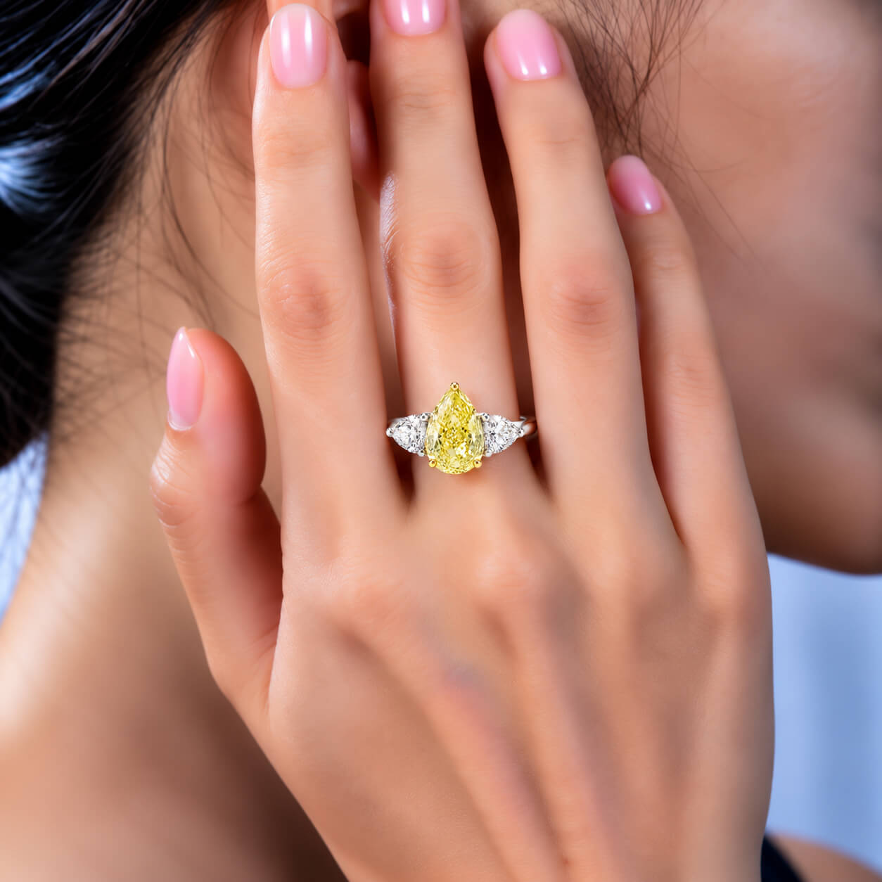 Pear cut lab grown yellow diamond three stones engagement ring Pear cut lab grown yellow diamond three stones engagement ring