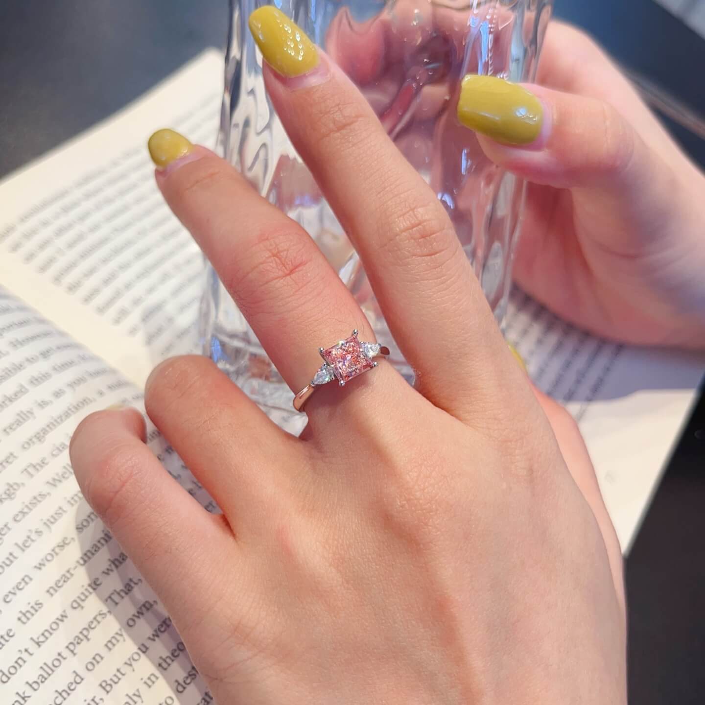 Princess cut lab grown pink diamond three stones engagement ring Princess cut lab grown pink diamond three stones engagement ring