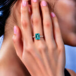 Radiant cut lab grown Paraiba engagement ring