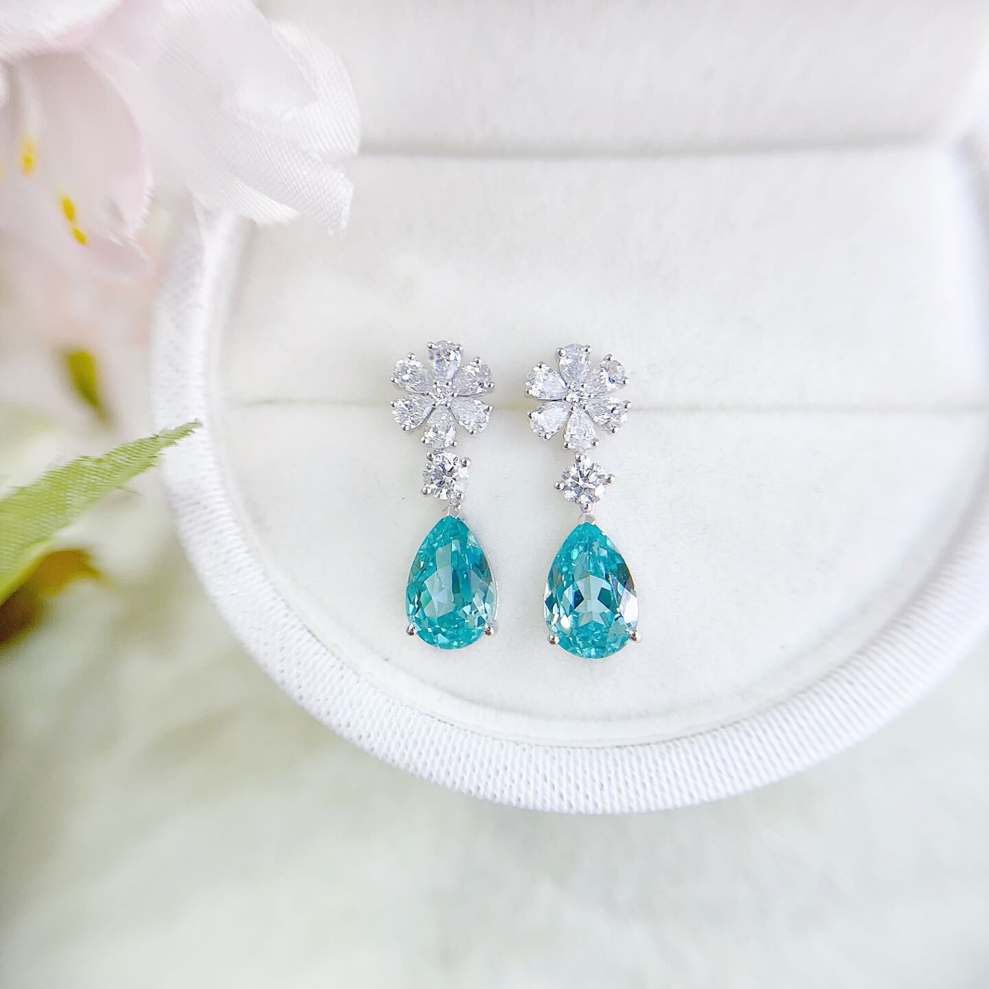 Snowflake design pear cut lab grown Paraiba earrings stud Snowflake design pear cut lab grown Paraiba earrings stud