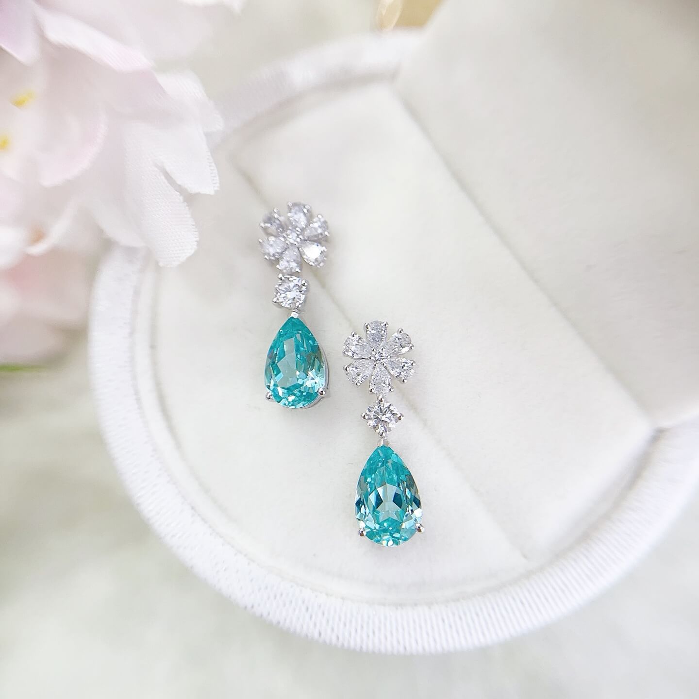 Snowflake design pear cut lab grown Paraiba earrings stud Snowflake design pear cut lab grown Paraiba earrings stud